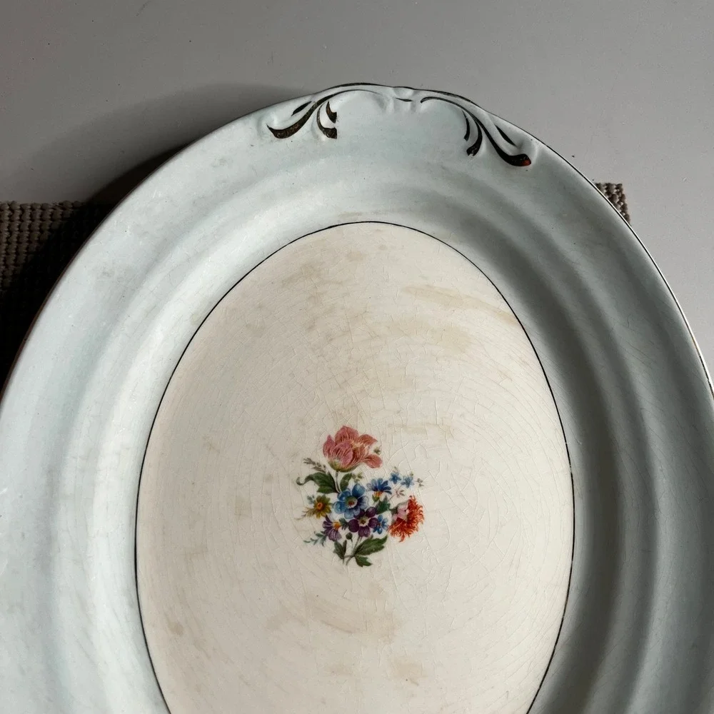Vintage Crown Potteries Co Floral Oval Serving Platter Gold Trim Made in USA 13